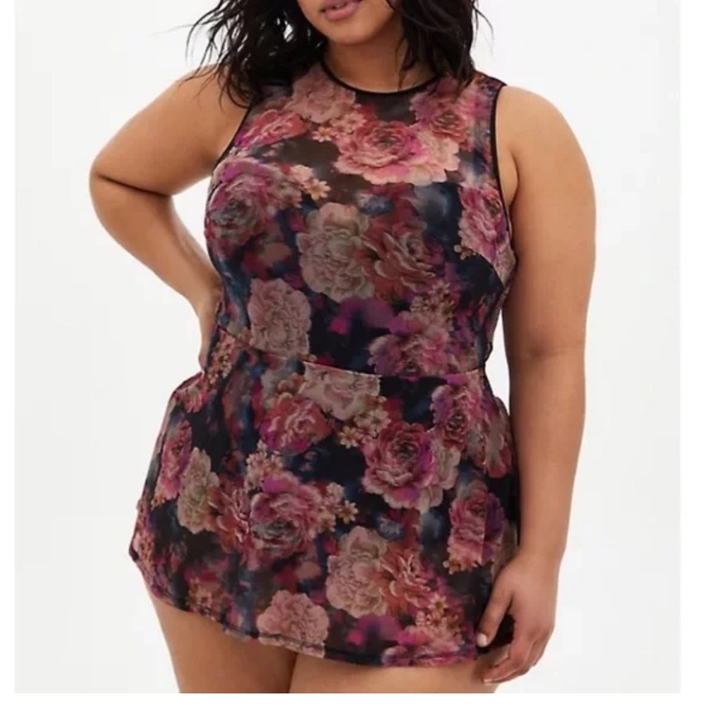 Floral Sheer One Piece- Pink and Black Torrid Size 1 D/DD.  709